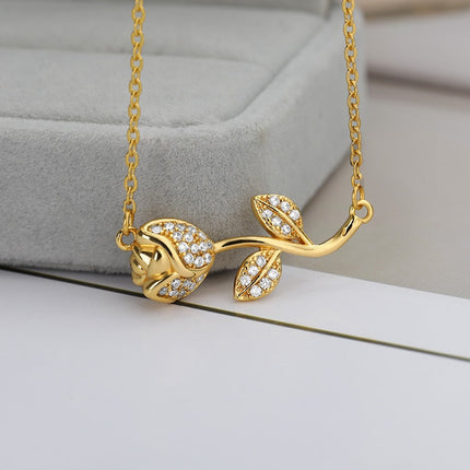 Floral Pendant Necklace | Gold Zirconia Rose Flower Chain - Gold - Necklaces