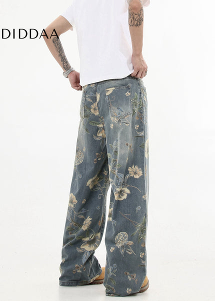 Floral Printed Loose Leg Jeans for Men and Women - Women’s Jeans
