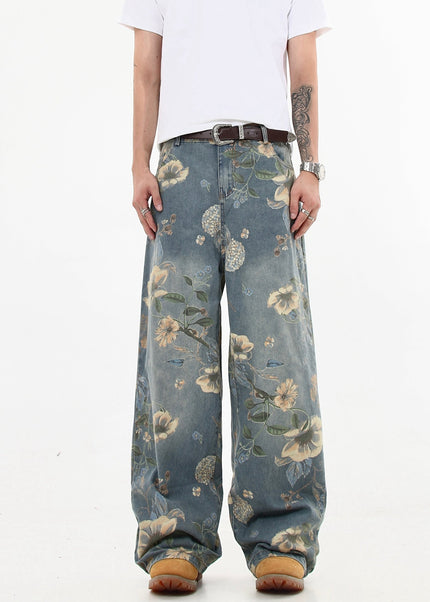 Floral Printed Loose Leg Jeans for Men and Women - Women’s Jeans
