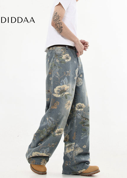 Floral Printed Loose Leg Jeans for Men and Women - Women’s Jeans