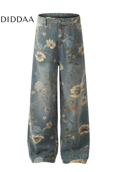 Floral Printed Loose Leg Jeans for Men and Women - Women’s Jeans