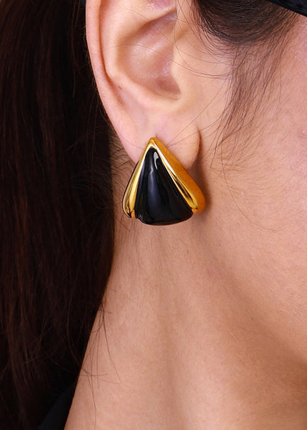 Jieding European and American stainless steel geometric black gold color-blocked earrings retro drip oil earrings fashion commuter ear accessories cross-border