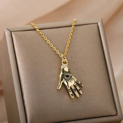 Grasp Pendant Necklace | Gold Hand Eye Chain - Gold - Necklaces