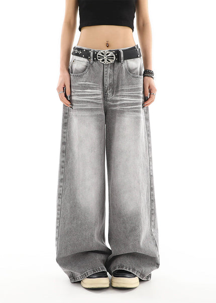 Gray Distressed Straight Leg Jeans for Women Casual Loose Drape - Women’s Jeans