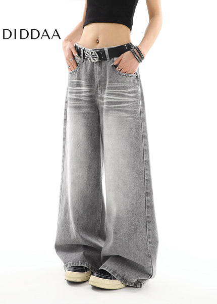 Gray Distressed Straight Leg Jeans for Women Casual Loose Drape - Women’s Jeans