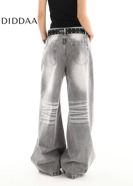 Gray Distressed Straight Leg Jeans for Women Casual Loose Drape - Women’s Jeans
