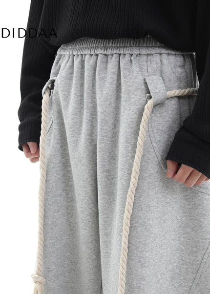 Gray Handmade Thick Rope Wide-Leg Scimitar Pants - Unisex Sweatpants