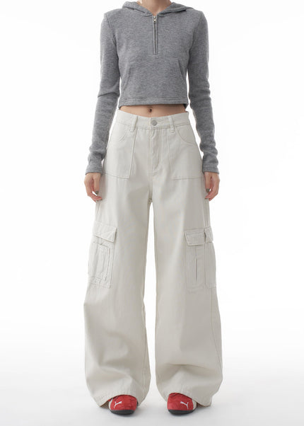 Gray Loose Wide-Leg Cargo Pants with Multi-Pockets - Women’s Jeans