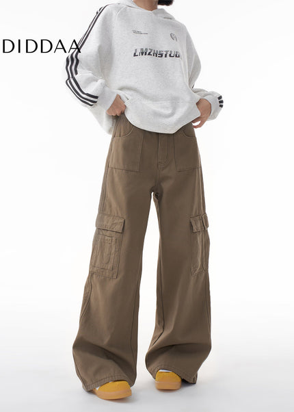 Gray Loose Wide-Leg Cargo Pants with Multi-Pockets - XS / Brown - Women’s Jeans