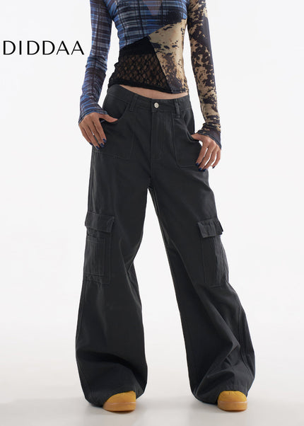 Gray Loose Wide-Leg Cargo Pants with Multi-Pockets - XS / Grey - Women’s Jeans