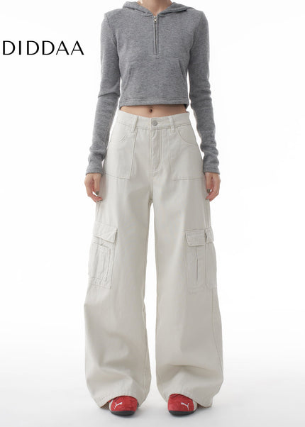 Gray Loose Wide-Leg Cargo Pants with Multi-Pockets - XS / White - Women’s Jeans