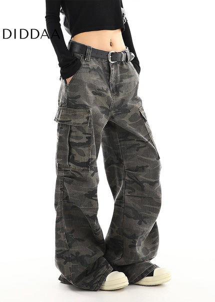 Green High Waist Straight Camouflage Cargo Jeans - Women’s Jeans