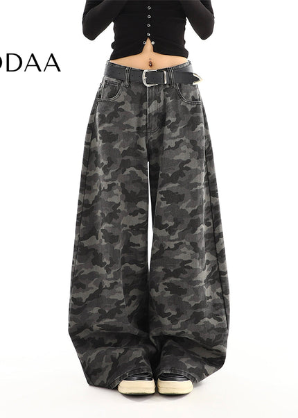 Green Retro Camouflage Cargo Wide Leg Jeans - S / Camouflage - Women’s Jeans