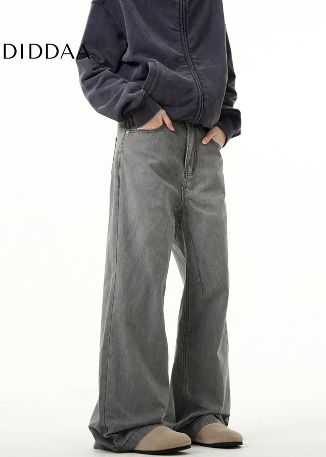 Grey Distressed Straight Jeans Men’s Casual Bootcut Pants - Men’s Jeans