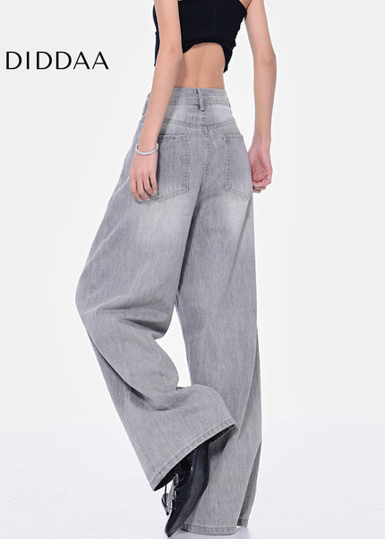 Grey High Waist Wide-Leg Jeans with Retro Wash - Women’s Jeans