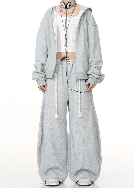 Grey Loose Fit Casual Scimitar Pants with Braided Rope - Unisex Sweatpants