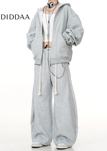 Grey Loose Fit Casual Scimitar Pants with Braided Rope - Unisex Sweatpants