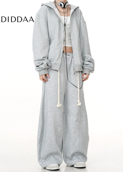 Grey Loose Fit Casual Scimitar Pants with Braided Rope - Unisex Sweatpants