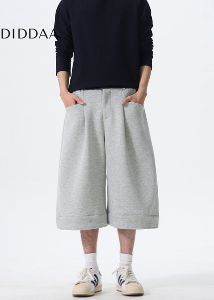 Grey Loose Fit KISKO American Retro Casual Drape Shorts - Unisex Sweatpants