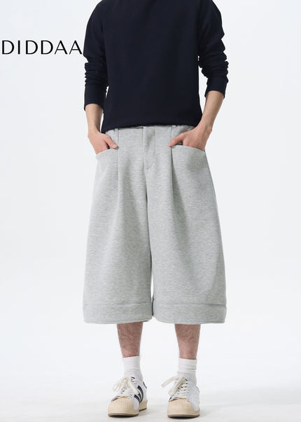 Grey Loose Fit KISKO American Retro Casual Drape Shorts - Unisex Sweatpants