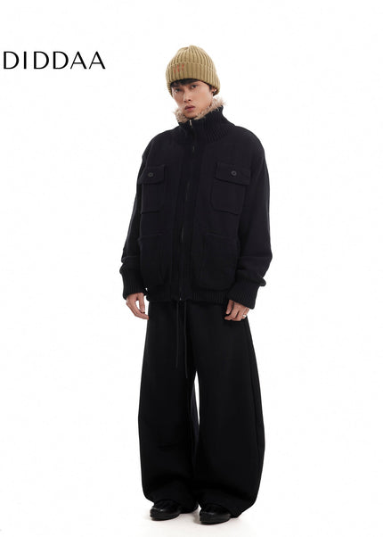 Grey Loose Fit Pleated Fleece Sweatpants Slacks - Unisex Sweatpants
