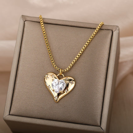 Heavenly Pendant Necklace | Gold Zirconia Pearl Heart Chain - Gold - Necklaces