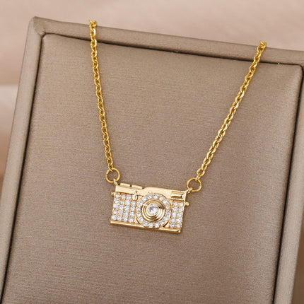 Highlight Pendant Necklace | Gold Zirconia Camera Chain - Gold - Necklaces