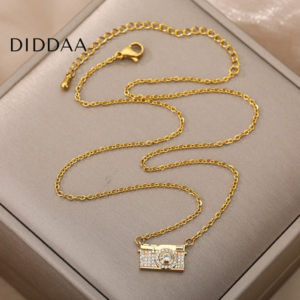Highlight Pendant Necklace | Gold Zirconia Camera Chain - Gold - Necklaces