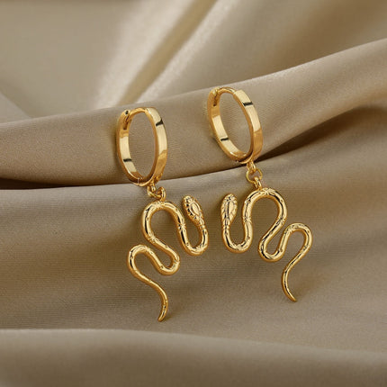 Junoesque Earrings | Gold Snake Animal Hoop Drop Earrings - Gold - Earrings