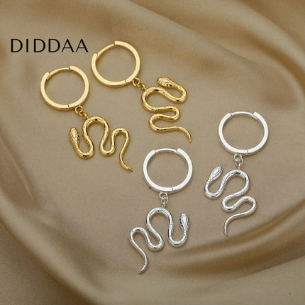 Junoesque Earrings | Gold Snake Animal Hoop Drop Earrings - Silver - Earrings