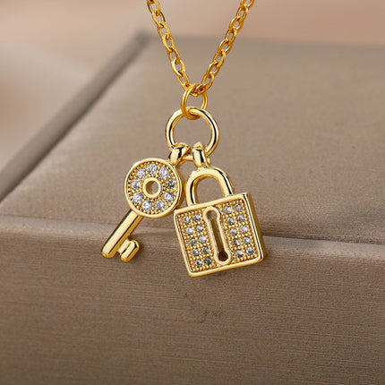 SOUVOIR Gold 14K Gold Plated, Zirconia Necklaces Kept Pendant Necklace | Gold Lock & Key Zirconia Chain
