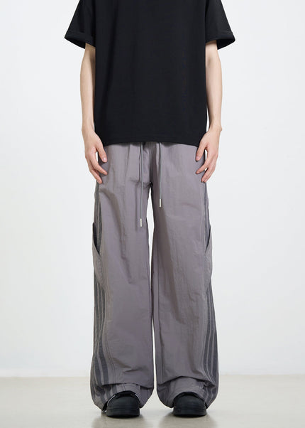 Khaki Loose Fit Stitched Striped Cargo Pants - Unisex Sweatpants