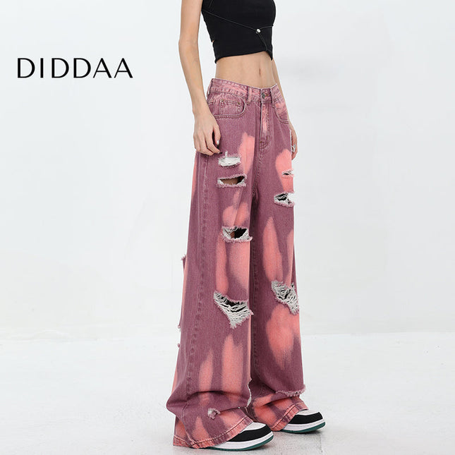 Khaki Ripped Tie-Dye Wide-Leg Mop Jeans for Women - S / Mid Blue - Women’s Jeans