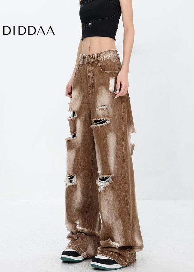 Khaki Ripped Tie-Dye Wide-Leg Mop Jeans for Women - Women’s Jeans