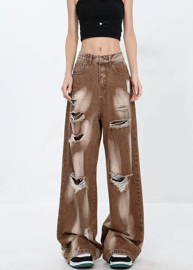 Khaki Ripped Tie-Dye Wide-Leg Mop Jeans for Women - Women’s Jeans