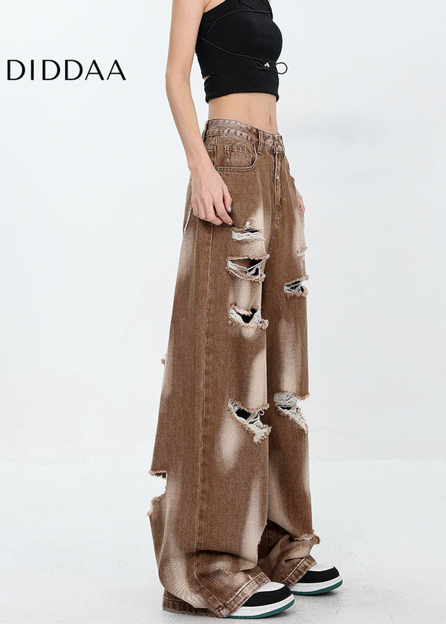 Khaki Ripped Tie-Dye Wide-Leg Mop Jeans for Women - Women’s Jeans