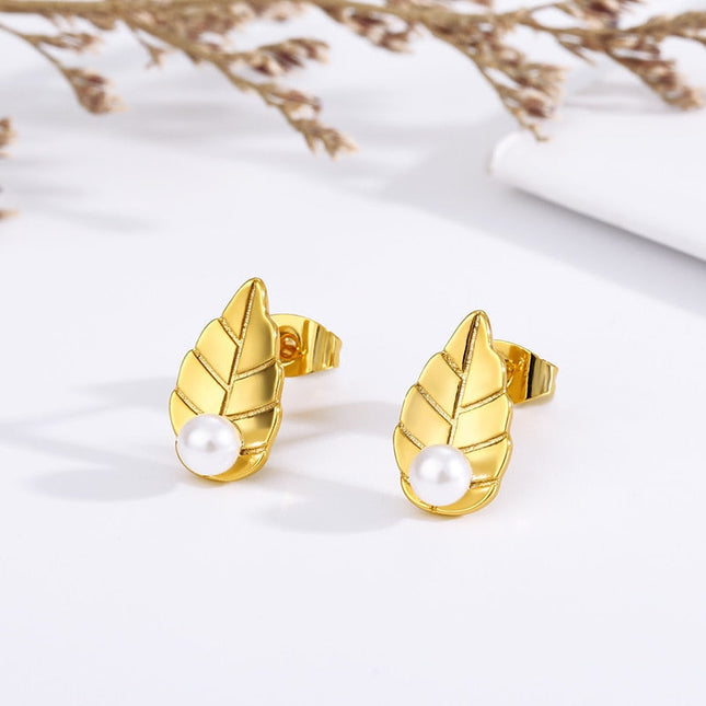 Lentle Earrings | Gold Leaf Pearl Stud Earrings - Gold - Earrings