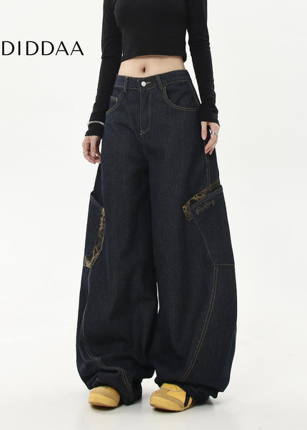 Leopard Print Large Pocket Cargo Wide-Leg Jeans - Women’s Jeans