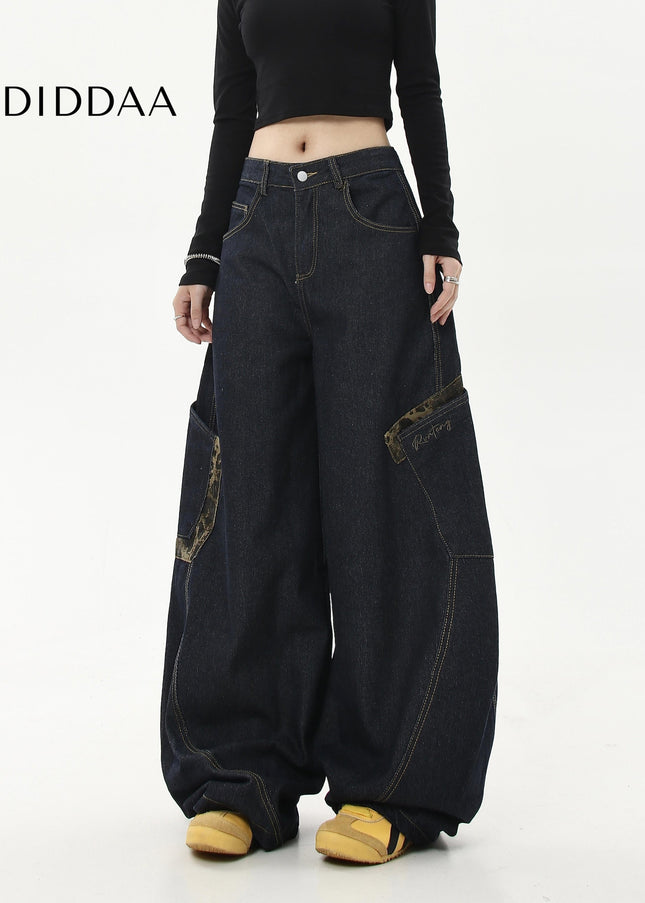 Leopard Print Large Pocket Cargo Wide-Leg Jeans - Women’s Jeans