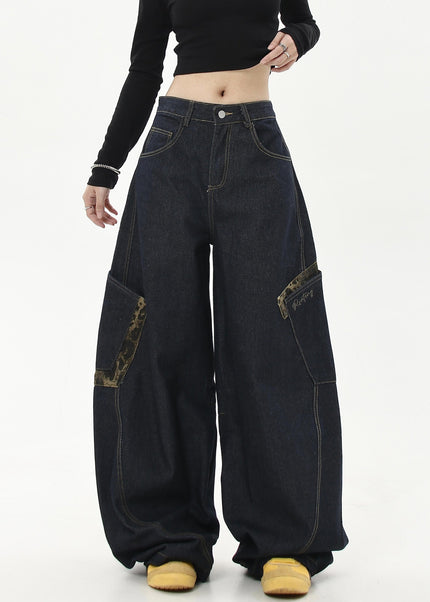 Leopard Print Large Pocket Cargo Wide-Leg Jeans - Women’s Jeans