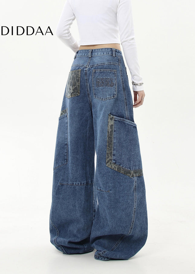 Leopard Print Large Pocket Cargo Wide-Leg Jeans - Women’s Jeans