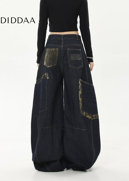 Leopard Print Large Pocket Cargo Wide-Leg Jeans - Women’s Jeans
