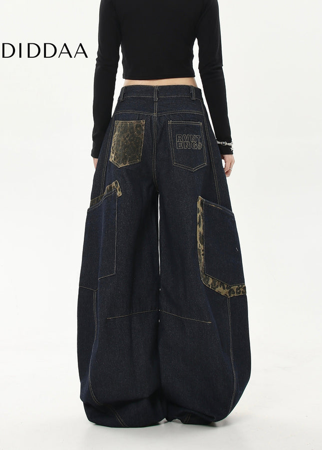 Leopard Print Large Pocket Cargo Wide-Leg Jeans - Women’s Jeans