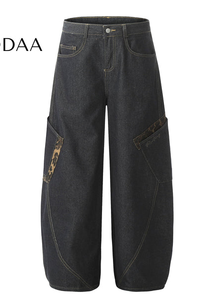 Leopard Print Large Pocket Cargo Wide-Leg Jeans - XS / Black - Women’s Jeans