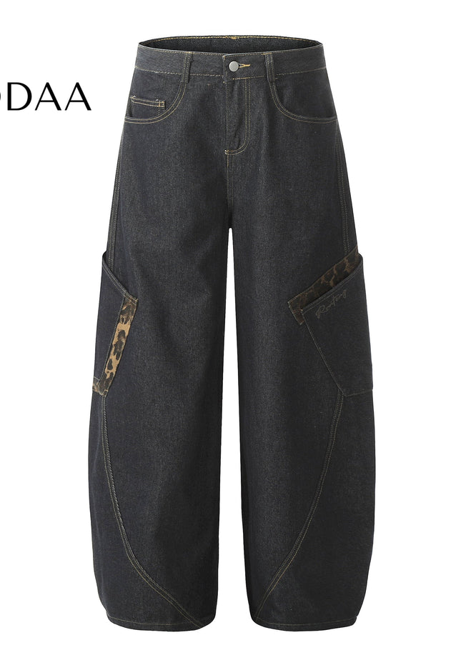Leopard Print Large Pocket Cargo Wide-Leg Jeans - XS / Black - Women’s Jeans