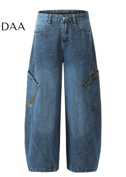 Leopard Print Large Pocket Cargo Wide-Leg Jeans - XS / Blue - Women’s Jeans