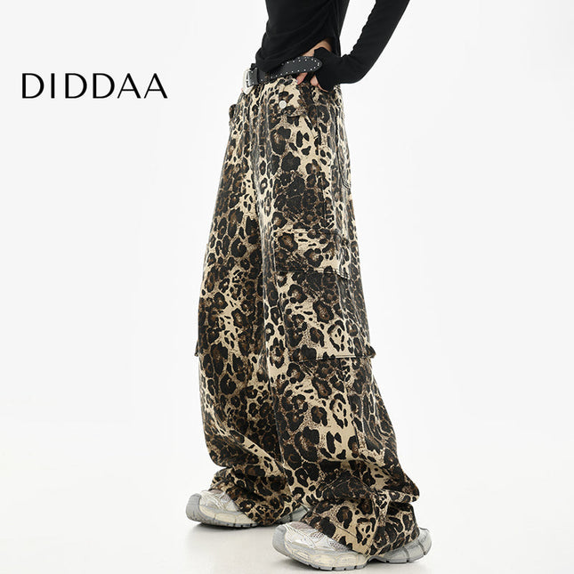Leopard Print Multi-Pocket Wide-Leg Cargo Jeans - S / Khaki - Women’s Jeans