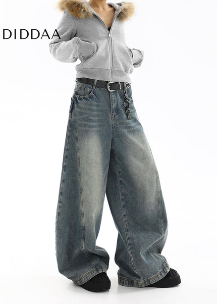 Light Blue Distressed Loose Fit Wide Leg Jeans - Women’s Jeans