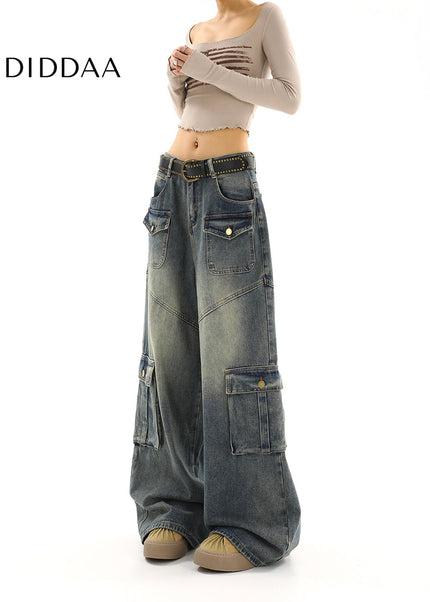 Light Blue Distressed Loose Multi-Pocket Cargo Jeans - Women’s Jeans