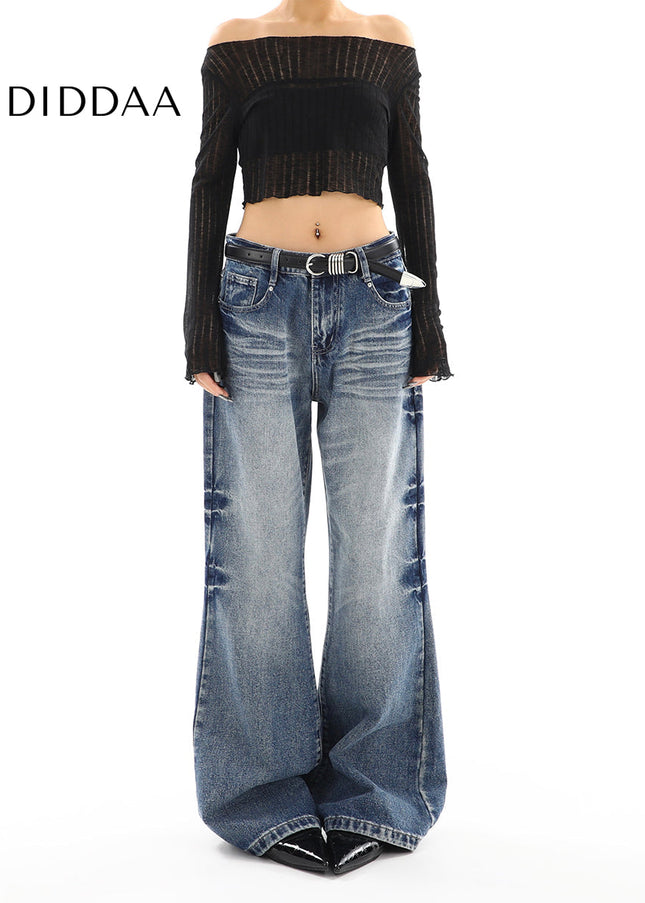 Light Blue Distressed Low Waist Straight Jeans - Women’s Jeans